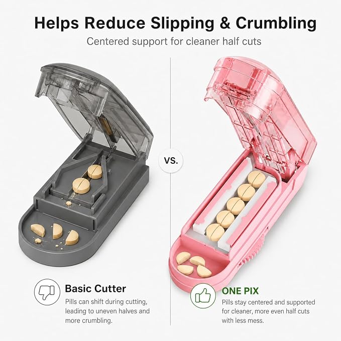 ONE PIX Pill Cutter Splitter for Small and Tiny Pills, Multiple Pill Splitter with Centering Device & Hidden Blade, Adjustable Tablet Cutter for Large Pills, Seniors, Pets, Pink