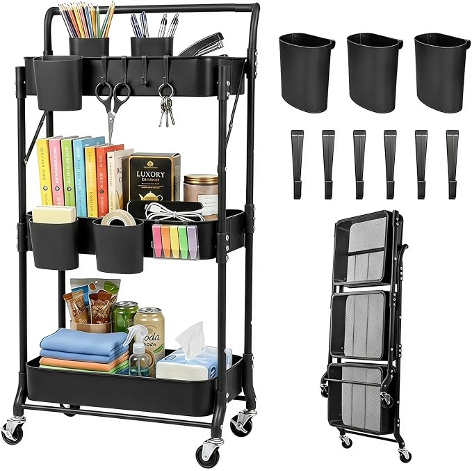 Amatic 3 Tier Foldable Rolling Cart with Wheels, Folding Utility Cart Organizer, Collapsible Rolling Storage Cart with 3 Hanging Cups & 6 Hooks for Kitchen, Office, Nursery(Black)