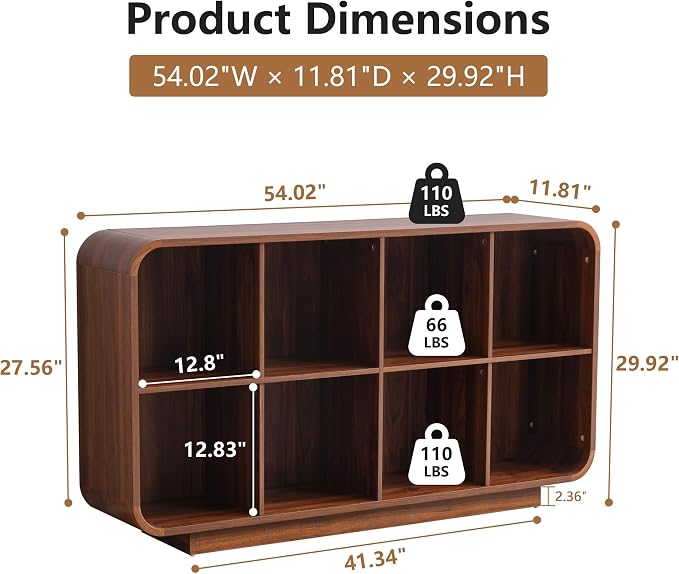 Cube Storage Organizer with Base, 8 Cube 2-Tier Bookcase, Wooden Floor Standing Storage Shelf with Rounded Corners, Anti-Tip Kit, Low Lattice Organizer for Home Office Living Room, Walnut