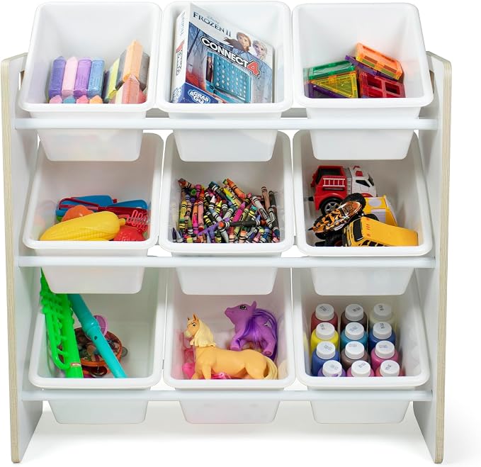 Humble Crew Kids Toy Organizer with 9 Bins, 3 Tier Storage for Playroom | Sturdy wood and steel toddler shelf, removable BPA-free containers, wall anchor anti-tip safety kit for bedroom or classroom