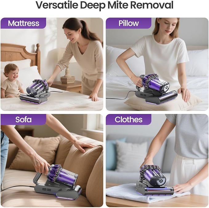 Xlife Mattress Vacuum, Bed Vacuum Cleaner with 2 Roller Brushes for Pet Hair, 253.7nm UV-C Light, 140F° Heating, 550W 16KPA Suction, HEPA Filter Couch Vauum for Bed, Sofa, Pillow, Baby Crib (Corded)