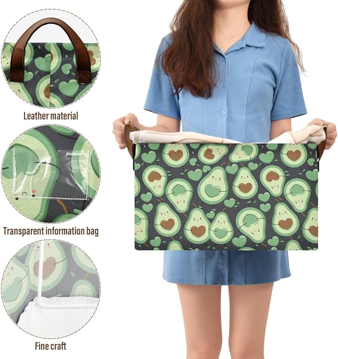 Avocado Green Happy Fruit Storage Bins for Shelves with Labels&Handles Fabric Organizer Bin Foldable Rectangle Storage Basket Boxes for Closet, Bathroom, Home, Living Room