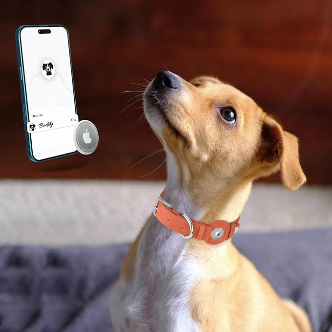 Leather Dog Collar with Airtag Holder - Apple Air Tag Dog Collars - Soft Tracking GPS Pet Collar for Small Medium Large Dogs Breed Puppy (Tawny, L, 15"-19" Neck Fit)