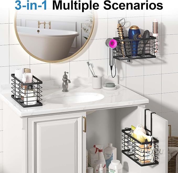 2026 Upgraded 3-in-1 Universal Hair Tool Organizer, XL Size, Black | Adjustable Height Metal Hair Dryer Holder, Wall Mounted, Over Cabinet Door, Countertop, Bathroom Storage