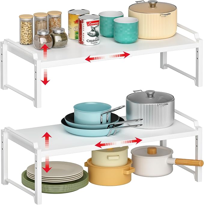 X-cosrack 12" Wide 100LBS Loading-Bearing Heavy Duty Kitchen Storage Shelf, Expandable Cabinet Shelf Organizer, Stackable Adjustable Storage Shelves for Kitchen Cabinet Cupboard Pantry Counter