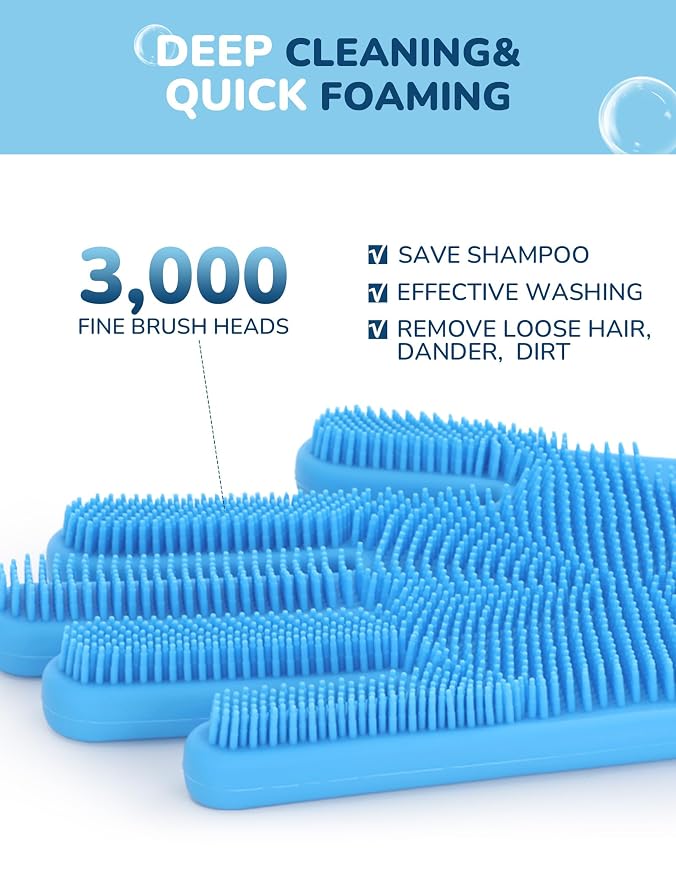 Pecute Silicone Pet Grooming Gloves for Washing Cats Dogs Bath Brush | Extended cuff, 3,000 soft bristles, Gentle massage & deshedding, Dishwasher safe, For large/thick coats, Home/car cleaning