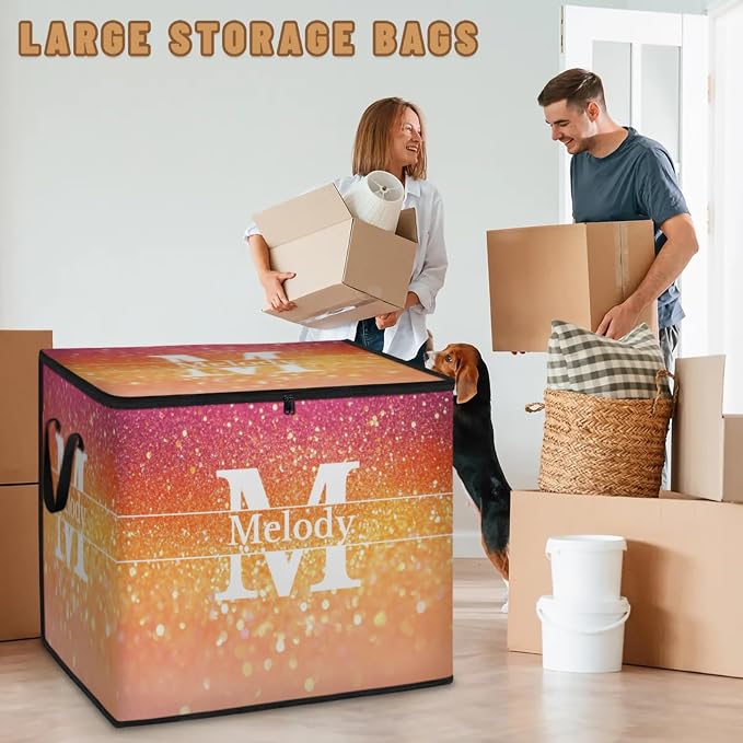 Personalized Name Foldable Storage Basket Cubes with Lid, Initial Letter Comforters Bedding Storage Bin with Handles for Shelf Home Closet, Gradient Pink Orange Glittering Bling