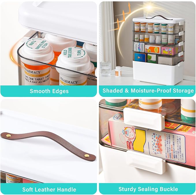 Homaigie Extra Tall 5-Tier Medicine Cabinet Organizer for Medicine Bottles Organizer, Portable Medicine Storage Box with Leather Handle, Empty First Aid Kit Container for Home, Classroom