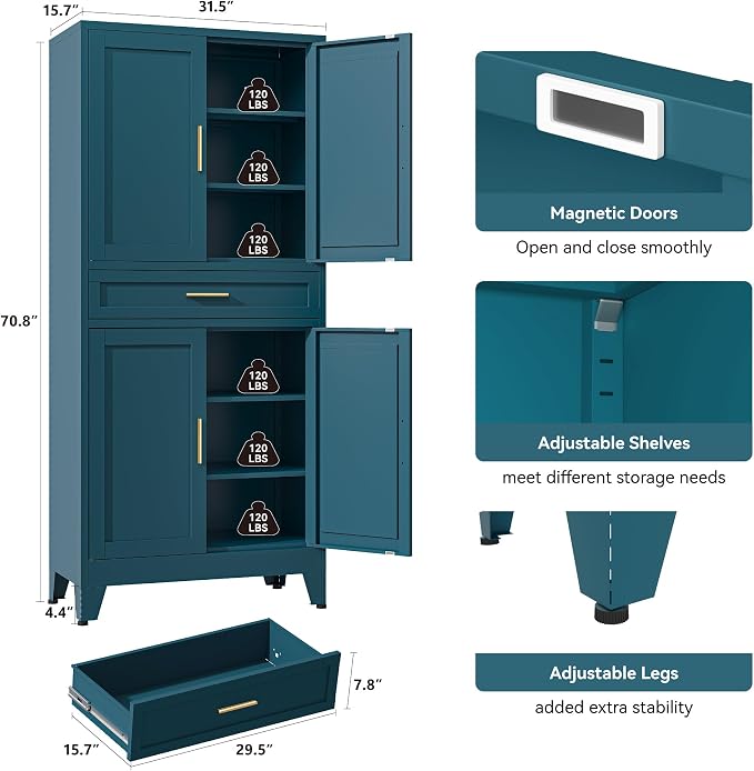 YAUWOH 71''Tall Kitchen Pantry Cabinet with Drawer,6-Tiers Metal Pantry Storage Cabinet with 4 Adjustable Shelves and 4 Barn Doors, Freestanding Farmhouse Food Cupboard for Dining Room (1PC,Blue)