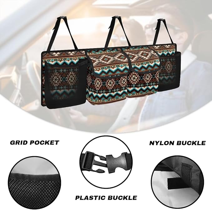 Dreaweet Native American Car Trunk Organizer,Aztec Tribal Geometric Backseat Hanging Large Storage with 4 Pockets Waterproof Collapsible Backseat Hanging Organizer,Cargo Storage Bag for SUV,Truck