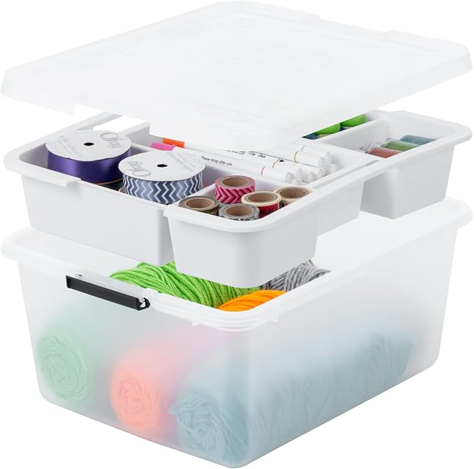 IRIS USA 18 Quart Clear Storage Organizer with Removable Dividers | Removable dividers organize tools, pantry goods, and household supplies. Stackable design saves space