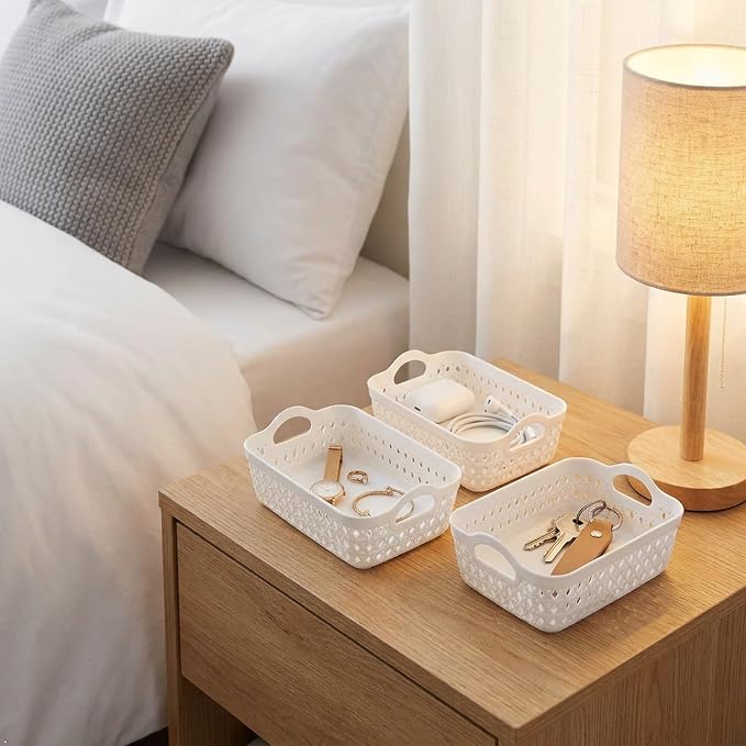 12-Pack Mini Plastic Storage Basket Set, Multipurpose Drawer Trays | White, Kitchen Pantry Containers, Drawer Organizer Trays for Classroom, Desk, Office