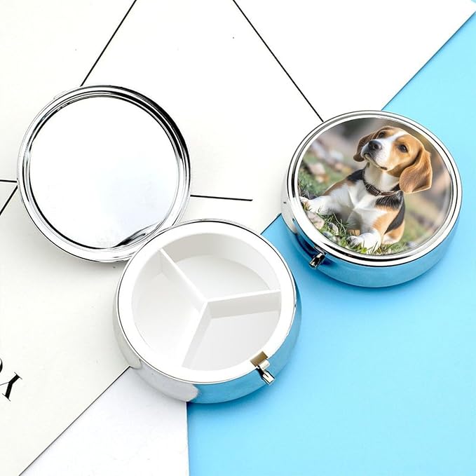 Pet Dog Beagle Round Metal Pill Organizer 3 Compartment Travel Pill Case with Mirror Waterproof & Leak-Proof for Daily Meds Vitamins Supplements Fits in Purse Pocket Bag