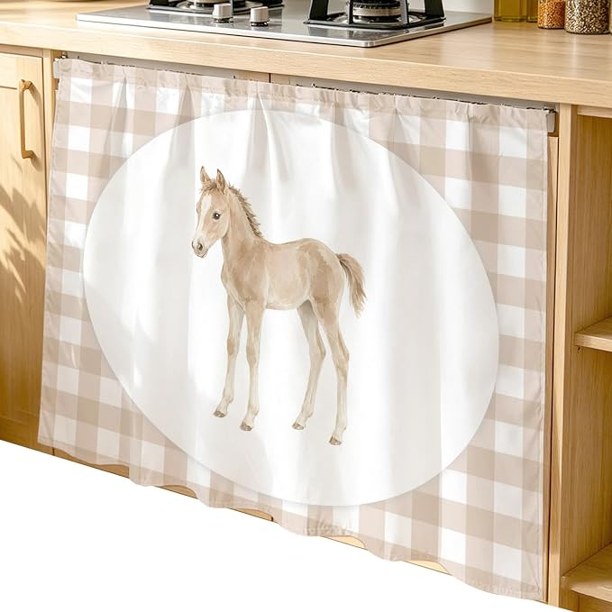 Graceful Pony Cabinet Dishwasher Hidden Curtains, Privacy Closet Door Curtain, Natural Horse Modern Farmhouse Plaid Rustic Adhesive Dust Proof Under Sink Skirt for Bathroom Kitchen 35"x35"