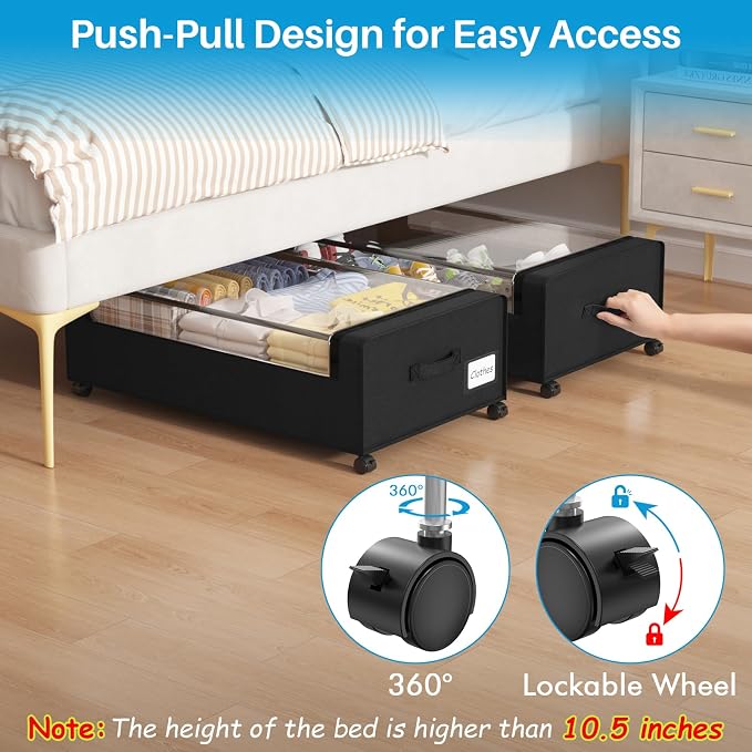 Webetop 10 Inch Underbed Drawer Storage Wheeled 2-Pack for Shoes & Clothing | Transparent Window for Visibility, Sturdy Metal Frame, Dual Zipper Access, Easy-pull Handle Straps,Bedroom Storage Solution