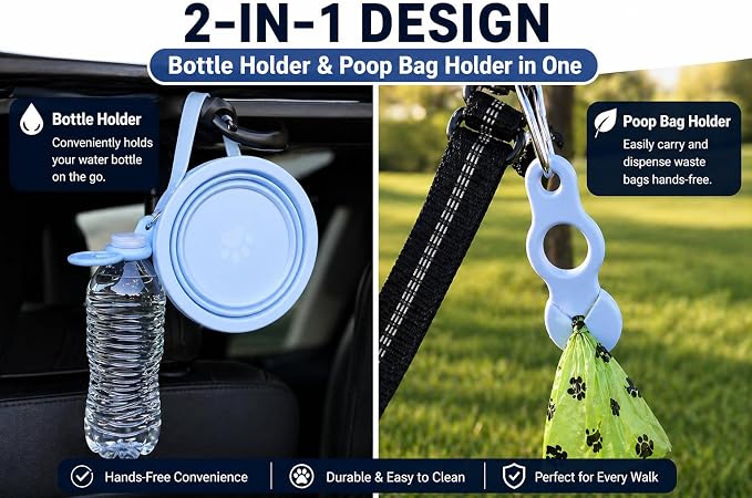 Blue Collapsible Travel Dog Bowl – BPA-Free Silicone & 18/8 Stainless Steel, Portable Non-Slip Food & Water Bowl with Handle, Bottle/Poop Bag Holder – Claim Your