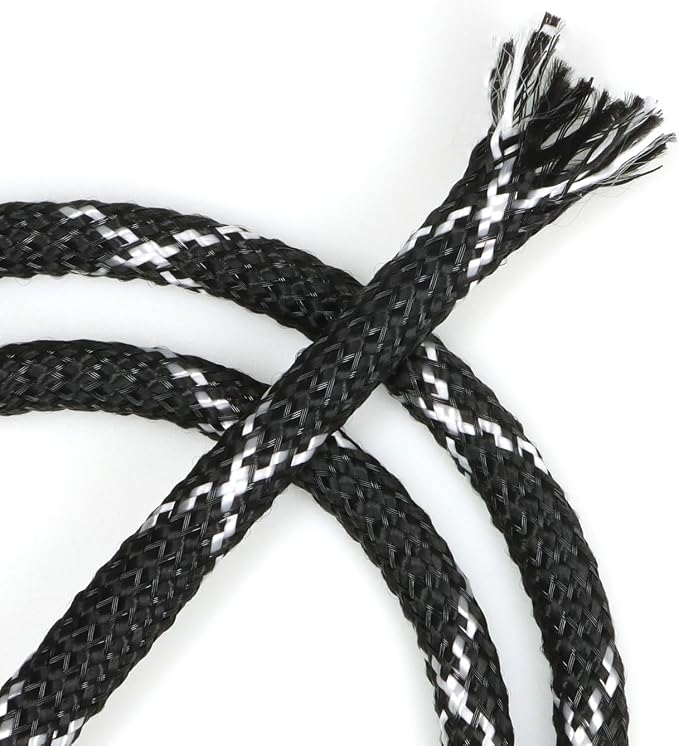 Braided Cable Management Sleeves, High Density PP Cotton Mixed PET Yarn Wire Loom for Automotive Wiring Harness & PC Computer Case Pets No Chew (Black White Black, 12mm (15/32")-19ft)