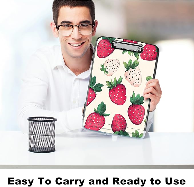 A4 Clipboard with Storage Pen Holder, Clipboards Organizer Nursing Clipboard Foldable File Folder Plastic Clipboard Folio Clip Board for Office Work Classroom Doctor, Pink Strawberry