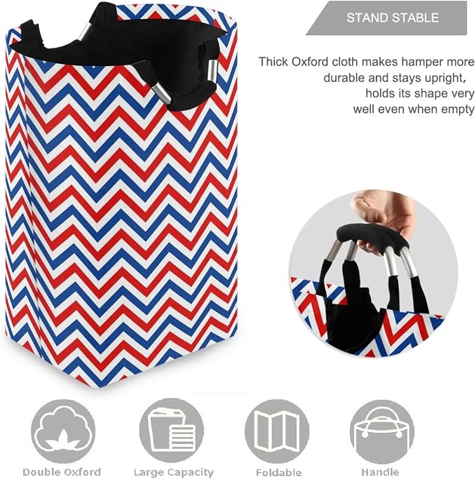 visesunny Blue and Red Wavy Stripe Large Laundry Hamper with Handle Foldable Durable Clothes Hamper Laundry Bag Toy Bin for Bathroom, Bedroom, Dorm, Travel