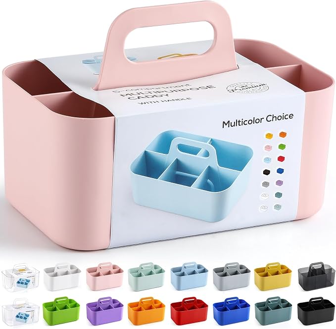Multiuse Caddy Organizer with Handle, Portable Divided Plastic Tote Bin - Art Craft, Stationary Pen Marker Crayons, Makeup Hair Supplies Storage - Bathroom, Classroom, Dorm, Office, Desk Holder - Pink
