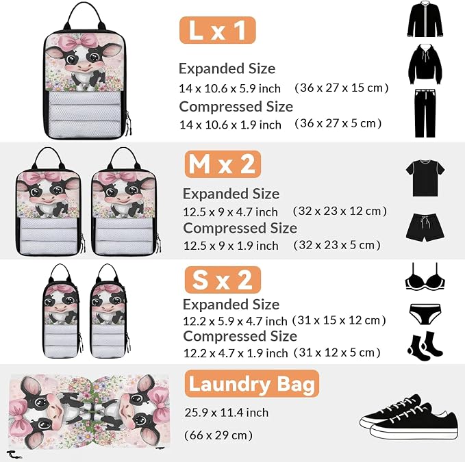 Cute 6 Set Compression Packing Cubes Cow Expandable Packing Organizer for Travel Accessories Luggage Suitcase Bag