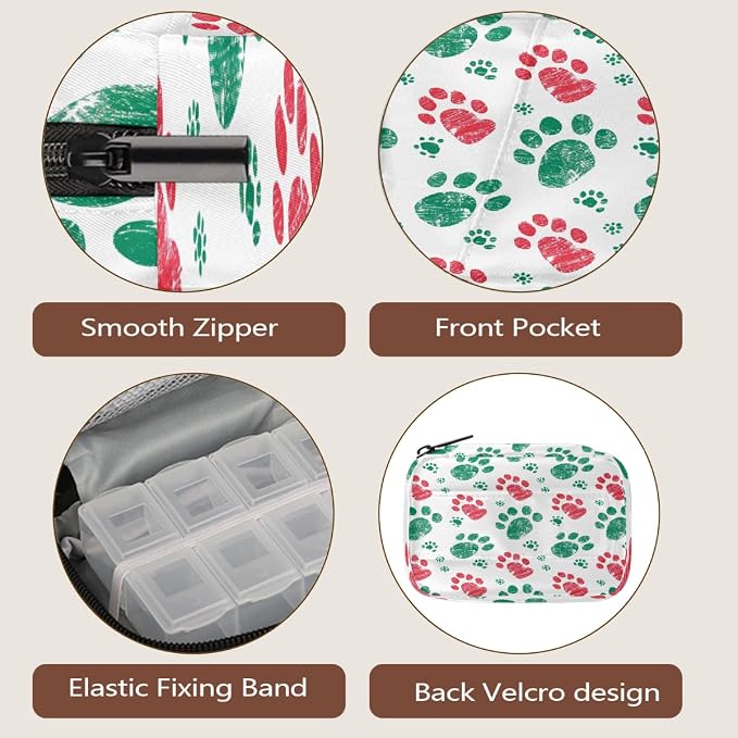 Weekly Pill Organizer Travel Size Bag with Removable 7 Day Pill Box Portable Vitamin Case Purse with Zipper,Christmas Pet Paws White