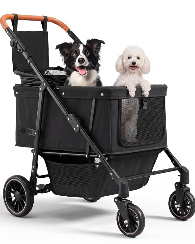 Dog Stroller for Medium Dogs Up to 66 lbs, Fits Select Large Dogs, Pet Stroller for 2 Small Dogs with Adjustable Handle & Canopy, Sun Shades, Storage Organizer, Foldable & Ventilated,Black