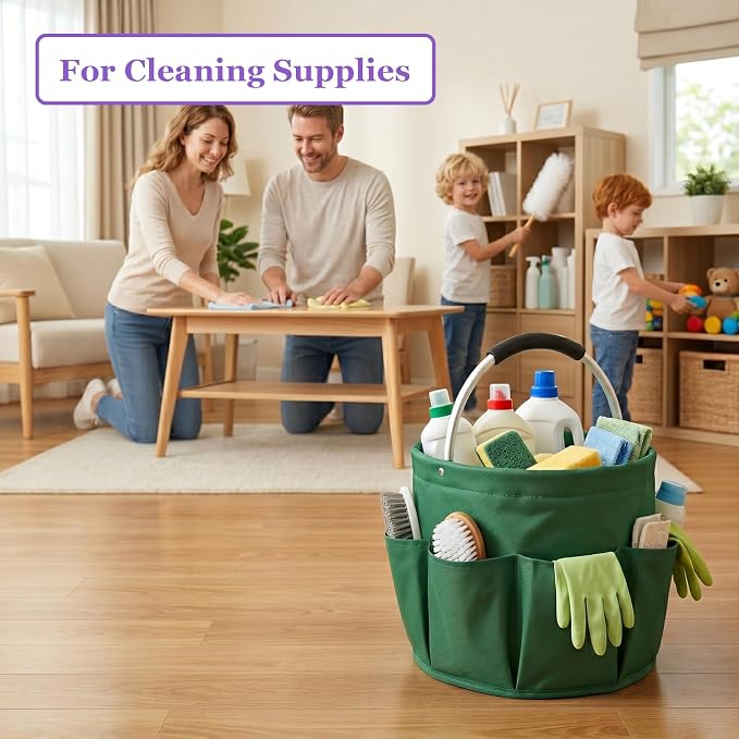 17L Cleaning Caddy with Handle, 600D Oxford Cleaning Supply Caddy with 6 Pockets, Foldable Tool Bucket Organizer for Housekeeping, Gardening, Car Detailing, Traveling, Camping, Green