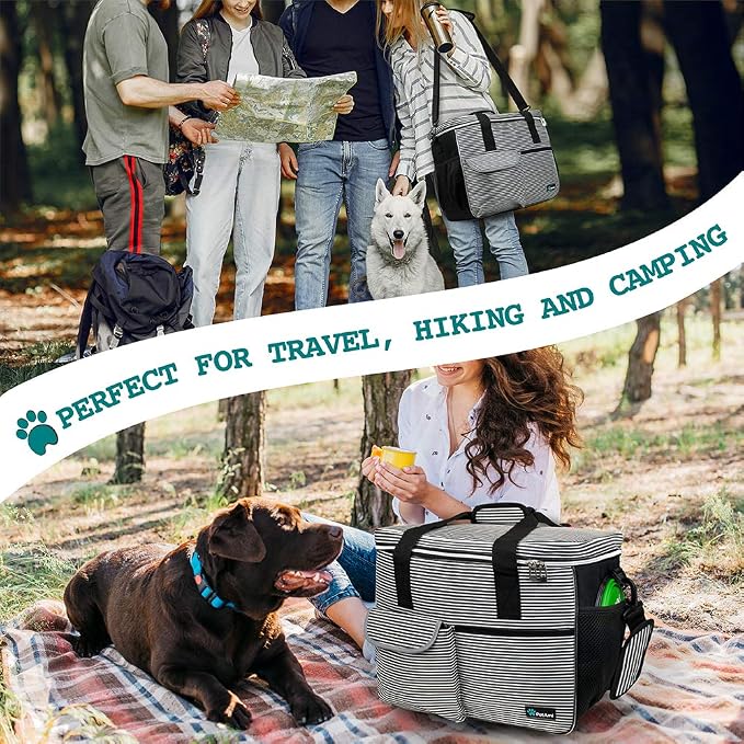 PetAmi Dog Travel Bag Organizer, Pet Supplies Tote, Stripe Black Large | Pet Travel Kit with 2 Food Containers & 2 Collapsible Dog Bowls, Luggage Sleeve, Weekend Getaway Road Trip Camping Essentials