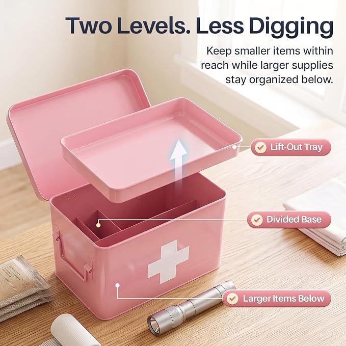 Flexzion Large Metal First Aid Box Empty, 8.5-Inch, Pink with White Cross | Vintage Medicine Box and First Aid Storage Organizer with Removable Tray and Dividers; Empty Box Only, Supplies Not Included