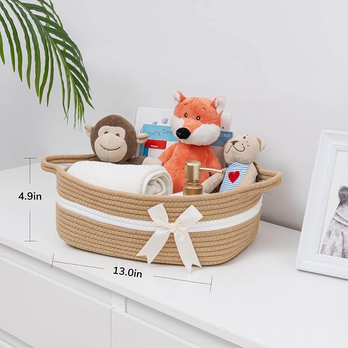 CHICVITA Small Woven Rope Gift Basket, Decorative Boo Basket, Camel | 13" x 10" x 5" Storage Baskets for Towels, Toys & Diapers, Fits Bathroom & Nursery Organization, Built-In Handles, Bow Design