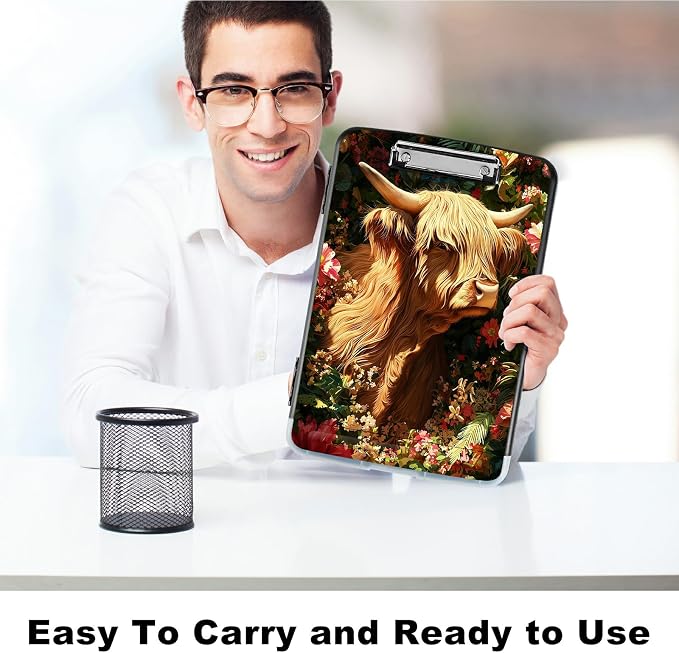 A4 Clipboard with Storage Pen Holder, Clipboards Organizer Nursing Clipboard Foldable File Folder Plastic Clipboard Folio Clip Board for Office Work Classroom Doctor, Grass Grass Field Cow