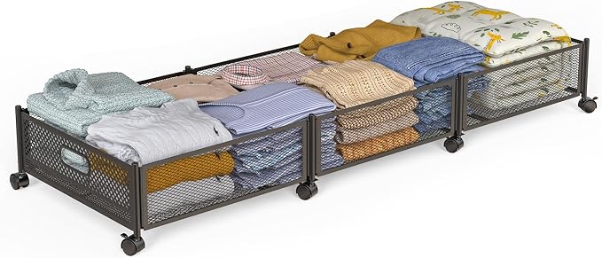 Under Bed Storage With Wheels, 47.2''/90lbs/57.6L, Metal Frame Under Bed Rolling Storage, Tool-Free Assembly Underbed Drawers, Underbed Organizer Containers for Shoes, Clothes and Toys