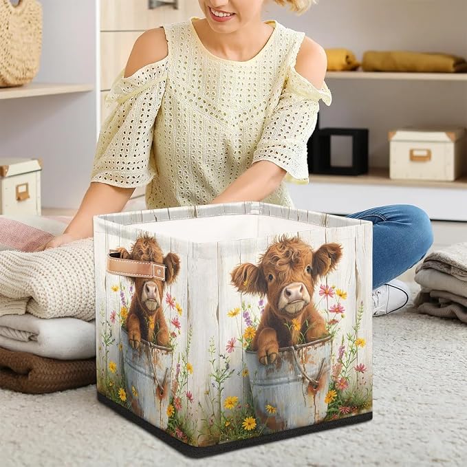 Farm Cute Cattle Cow Cube Storage Bin, 13 Inch Collapsible Fabric Storage Cubes Bin, Foldable Cube Baskets for Shelf, Closet, Organizer