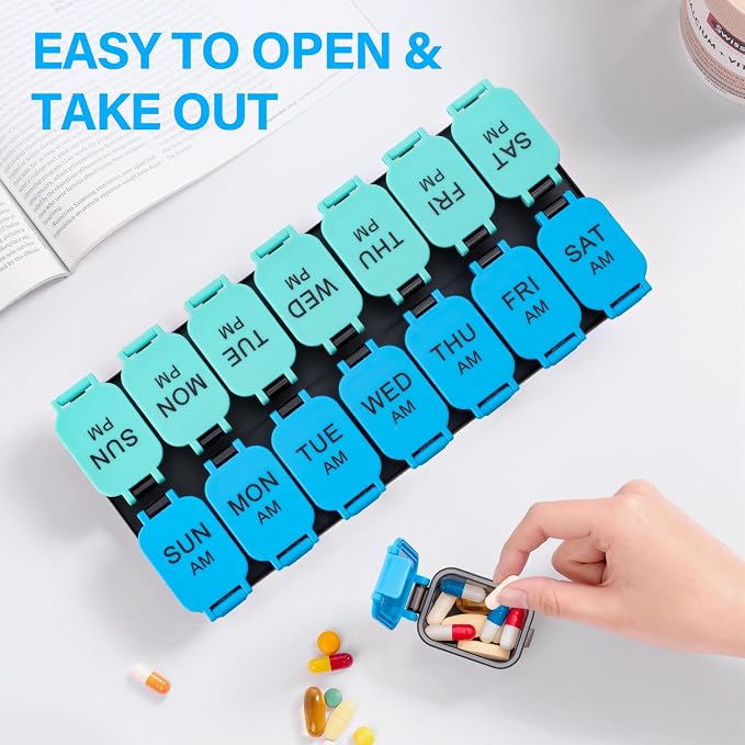 Yaklim Extra Large Weekly Pill Organizer, Detachable 7 Day AM PM Pill Box | XXL 14 Detachable AM PM Compartments；For Big Vitamins & Supplements； Easy to Open & Fill； Waterproof Seals； Easy Readability