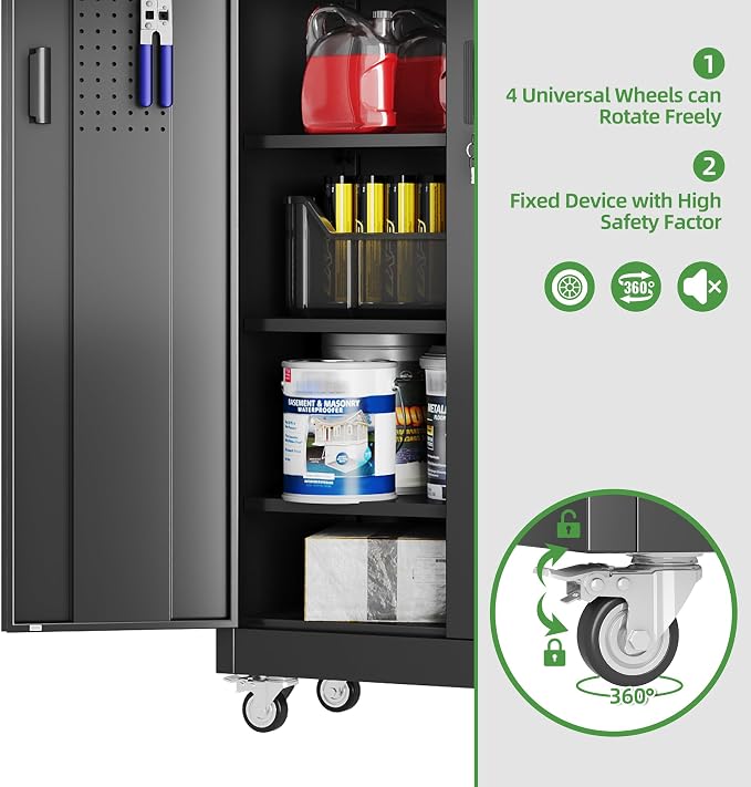 71 in. Garage Storage Cabinet with Wheels, 5 Shelves, Black | Lockable steel organizer with dual pegboard doors, four locking casters, and five adjustable shelves.