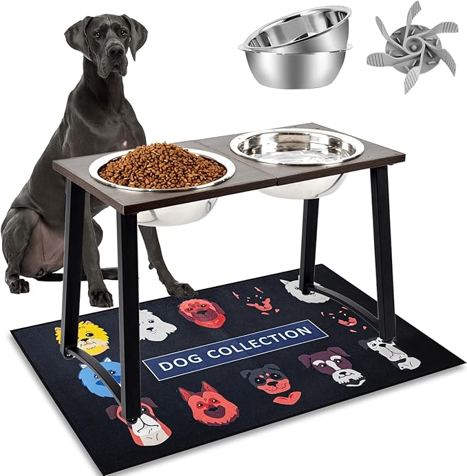 ADENGL Elevated Dog Bowls for Large & X-Large Dogs, 16" Tall Raised Stand with 2 Stainless Steel 3000ML Bowls, Slow Feeder & Spill-Proof Mat – Extra Large Dog Food & Water Bowl Set