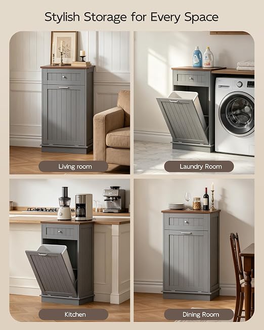 Betterhood Double Tilt Out Trash Cabinet with Power Outlet,Wooden Hidden Garbage Can Holder with a Big Storage Drawers for Kitchen, Living Room, Laundry, Grey