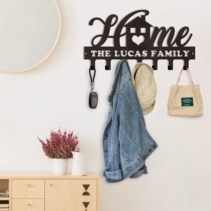 Dyoart Personalized Key Rack - Metal Wall Mount Custom Name Hooks, Sweet Home Coat Rack - Housewarming Gift