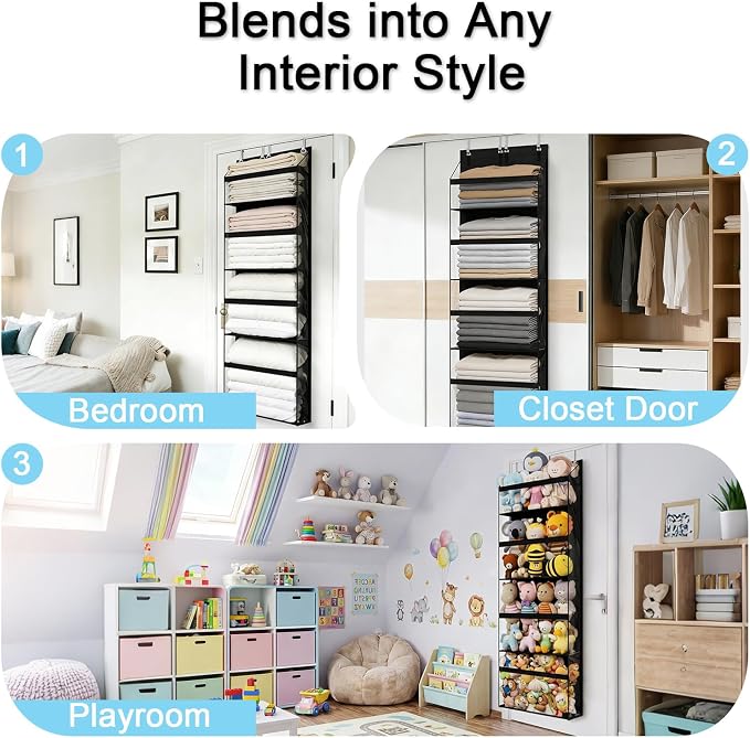 Heavy Duty Stuffed Animal Storage, 4-Tier Clear Extra Large Over The Door Organizer for Stuffies, Baby Ideas Holder, Toy Plush Hanging Organizer Big Girls Toddler Bag Animals Stuffy, Black