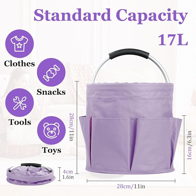 17L Purple Shower Caddy for Women, Foldable Cleaning Caddy with Handle and 6 Pockets, 600D Oxford Fabric Garden Tool Bag, Multifunctional Storage Basket for College, Dorm, Family, Purple