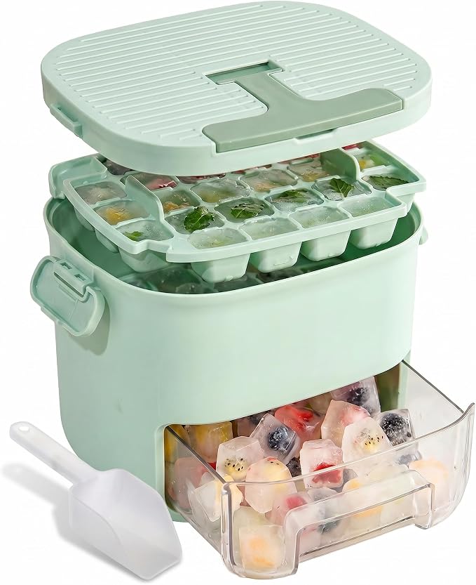 Press-Type Ice Cube Tray 52-Grid Mold with Storage Bin, Mint Green | Food-grade PET, odor-free lid, portable handle, includes scoop, easy release, for freezer, home bar, whiskey, cocktails