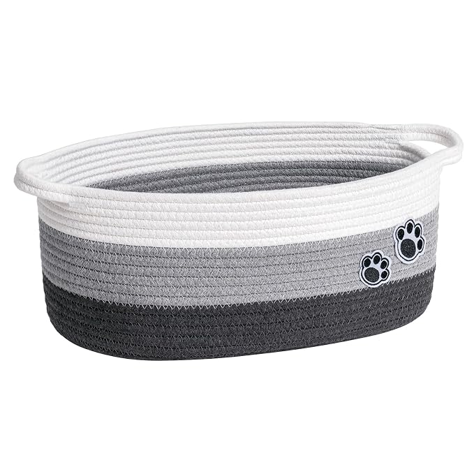 Medium Woven Rope Dog Toy Basket with Paw Print, Mixed Grey | 13.6"x 10" x 6", Cotton Rope Dog Toy Bin & Box, Gift Basket Empty With Handles, Storage Basket for living Room Bedroom