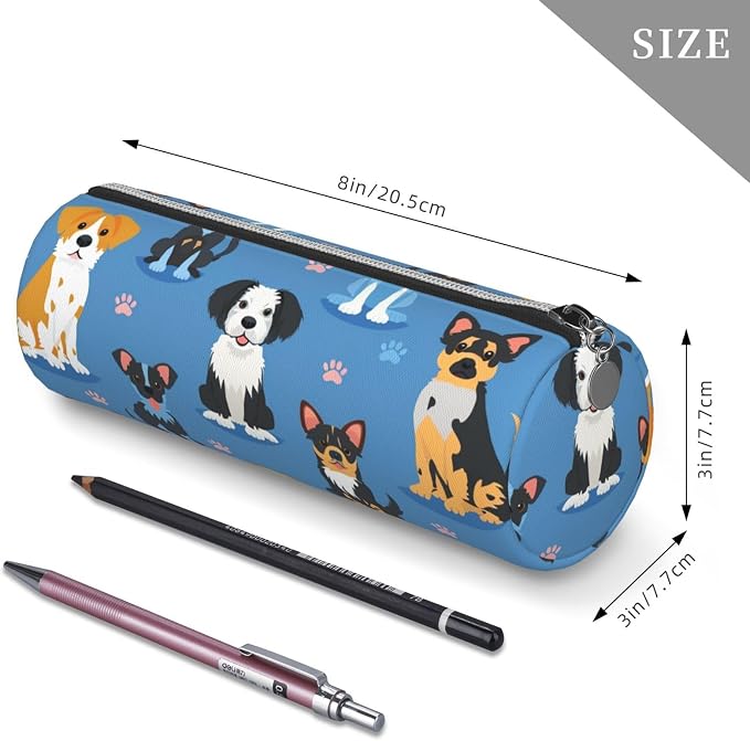 OSAM SPACE Leather Pencil Case Round Pencil Bag Cute Dogs Breeds Pen Organizer Holder Portable Zipper Pouch Cute School Supplies for Girls Boys Study Office