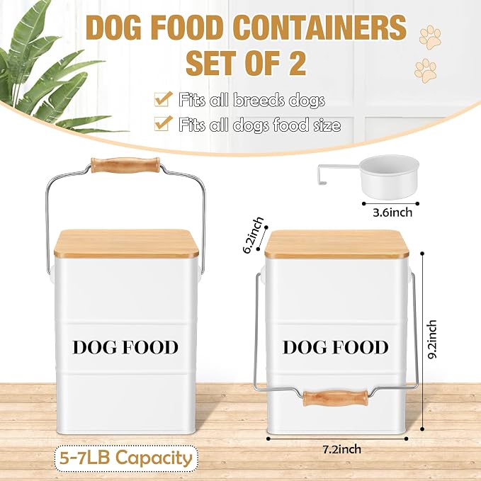 Tioncy 2 Pcs Metal Dog Food Storage Containers Total 10-14 Lbs (50 Cup) Capacity, Airtight Pet Food Canister with Bamboo Lids Scoop DIY Labels Dog Treat Storage Jars for Kitchen Counter(White)
