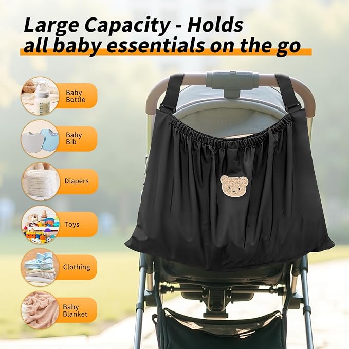 Universal Stroller Organizer Nylon Stroller Storage Bag for Baby Essentials | Large Capacity, Non-Slip, Adjustable, with Hook & Loop, Fits for Uppababy, Nuna, Britax, Doona Strollers, Black Bear