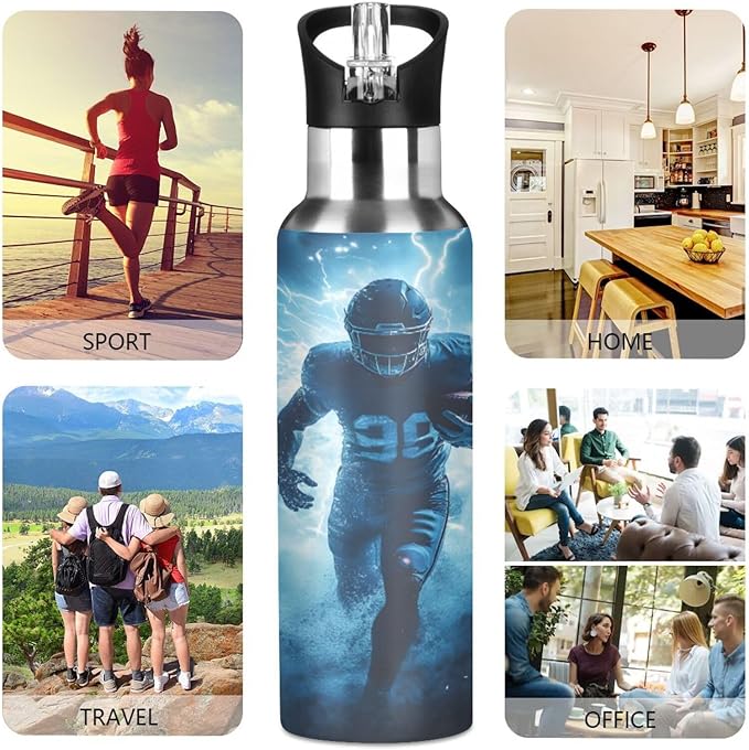 American Football Player Lightning Water Bottle with Straw Lid Kids Insulated Stainless Steel Water Flask Sports, 20 Oz Hot Cold