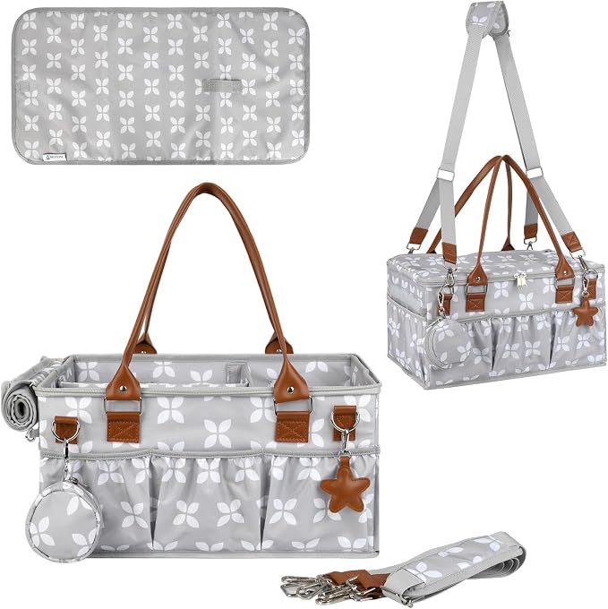 Diaper Caddy with Changing Mat, Large Baby Diaper Caddy Organizer with Lid, Portable Organizer Basket for Nursery and Car, Shoulder Strap and Pacifier Organizer