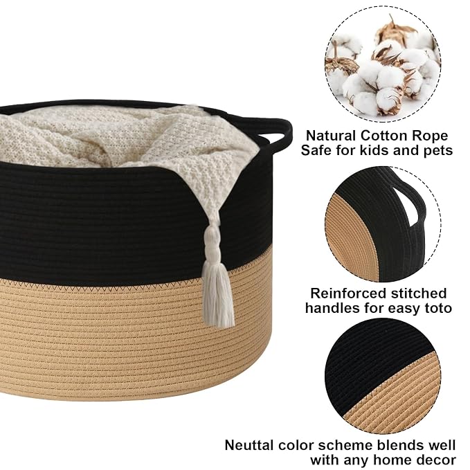 90L Extra Large Blanket Basket,Woven Laundry Basket-Black&Camel | Collapsible, reinforced handles, nursery storage bin organizes clothes, toys and pillows for living room, bedroom bathroom