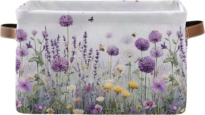 Lavender Fabric Storage Bin, Foldable Organizer Bag for Baby Cloth, Dog Toy, Book Storage Cubes, Shelf Closet Basket - 16x12x8
